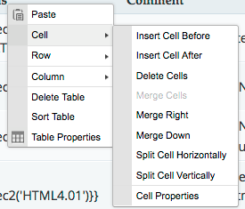 Screenshot of the Table context menu's Cell submenu